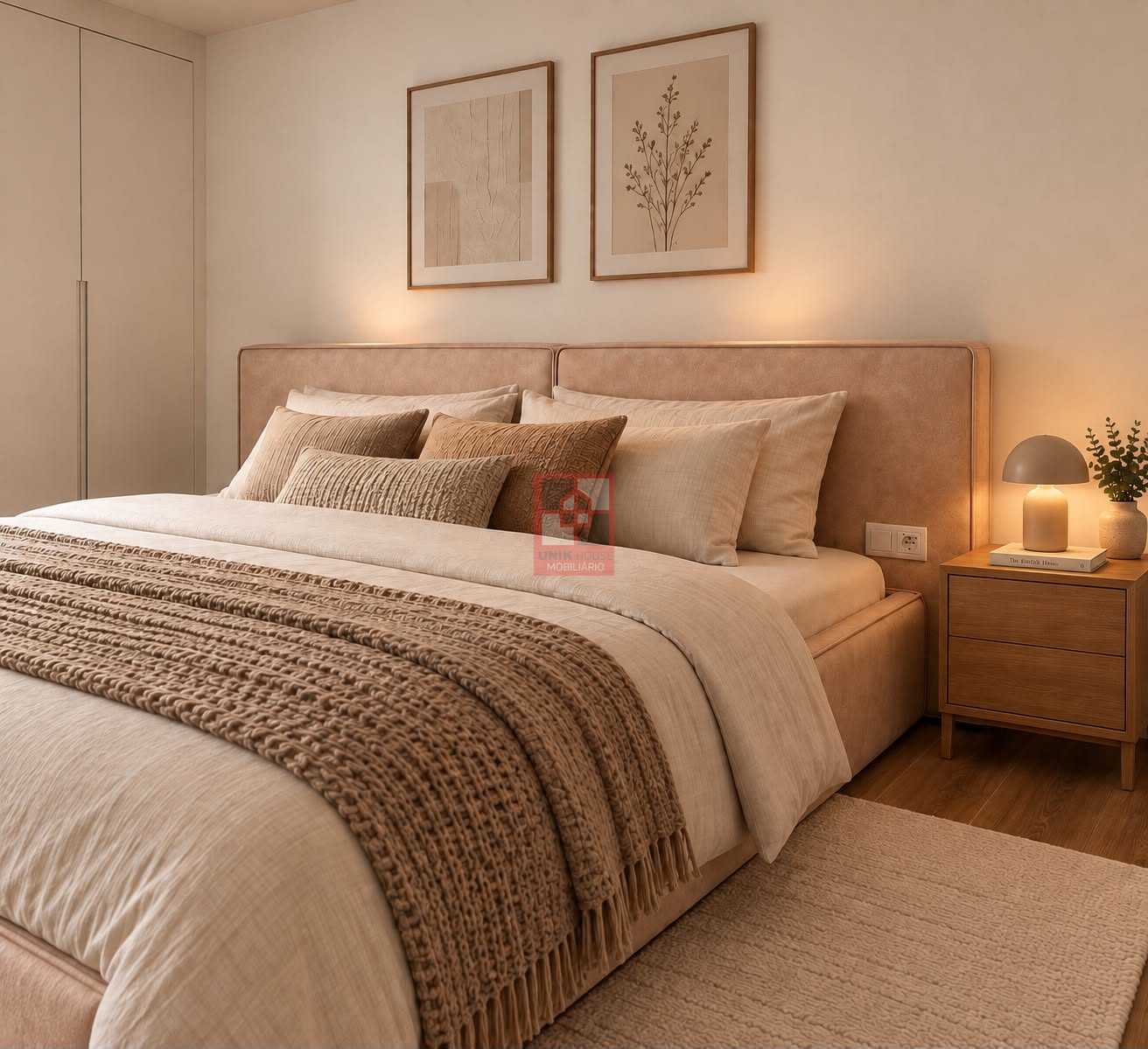 Quarto com cabeceira estofada e mesa de cabeceira em madeira maciça
