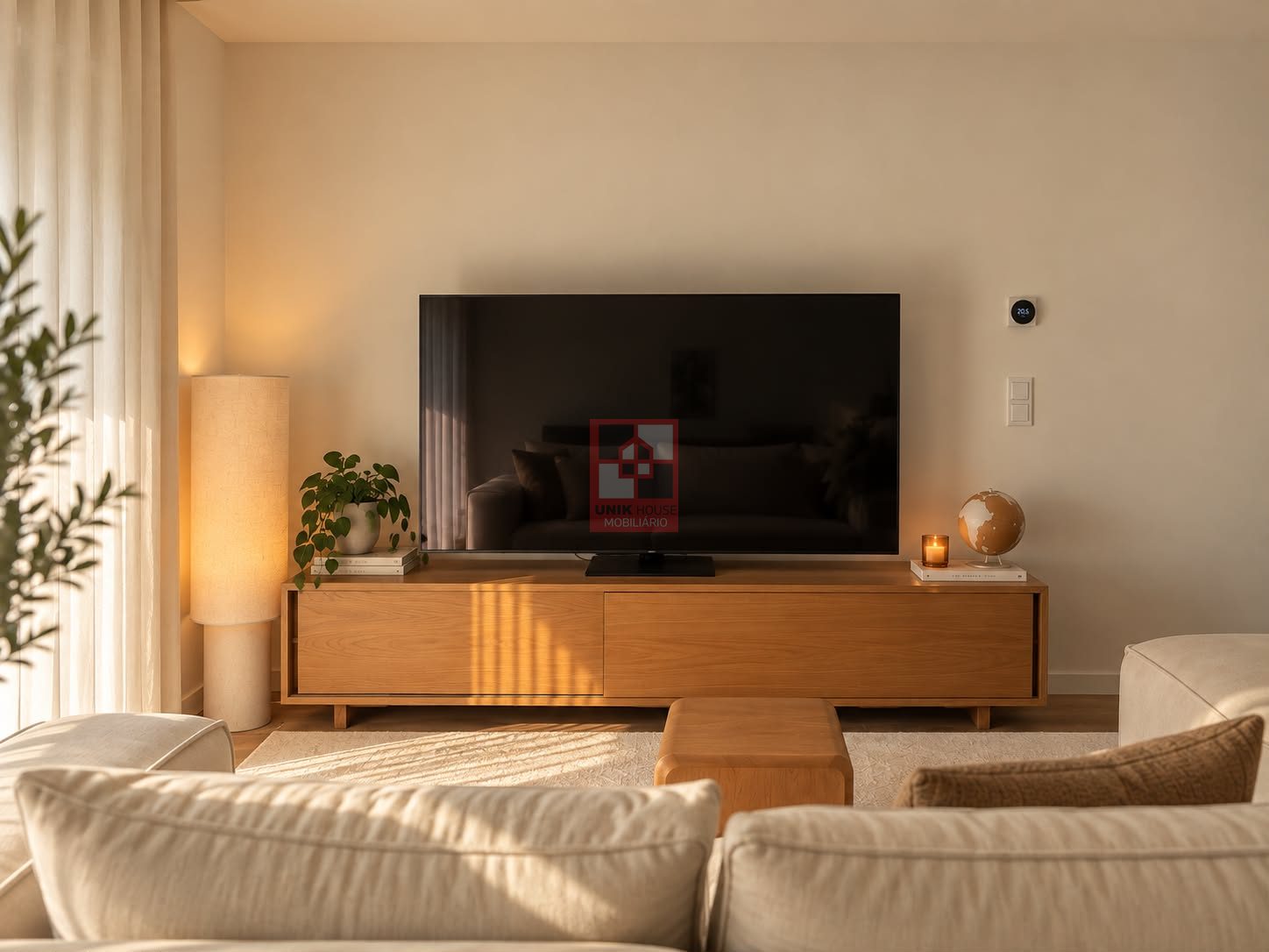 Sala de estar com consola em madeira maciça e pufe a condizer